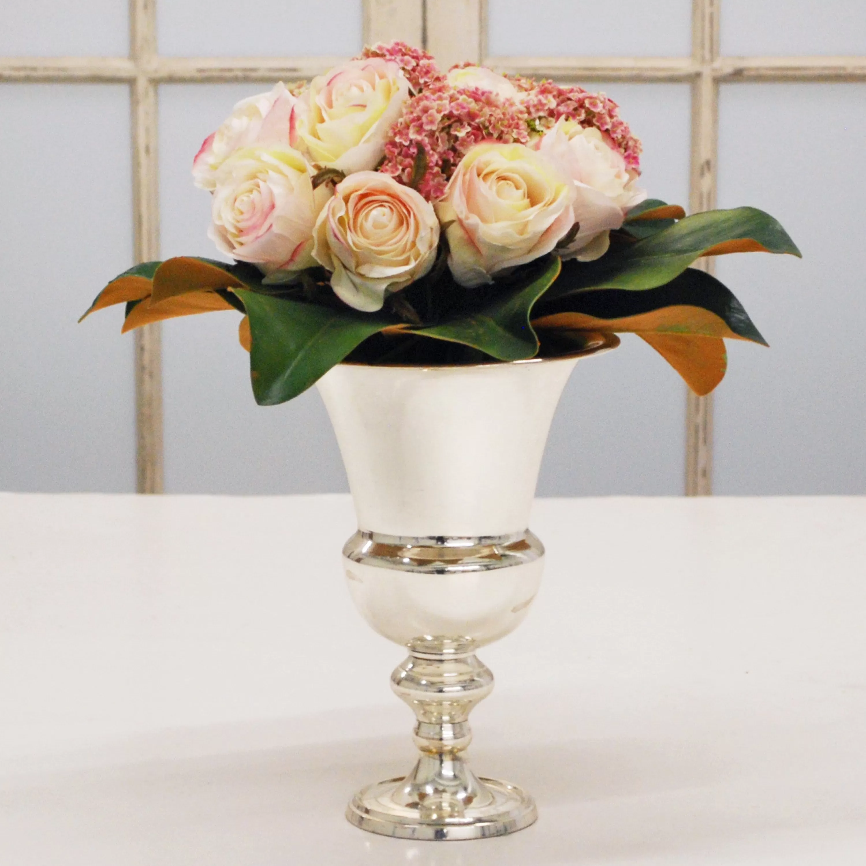 Shop CREAM ROSE IN SILVER VASE (WHD019-PKMV) Tabletop