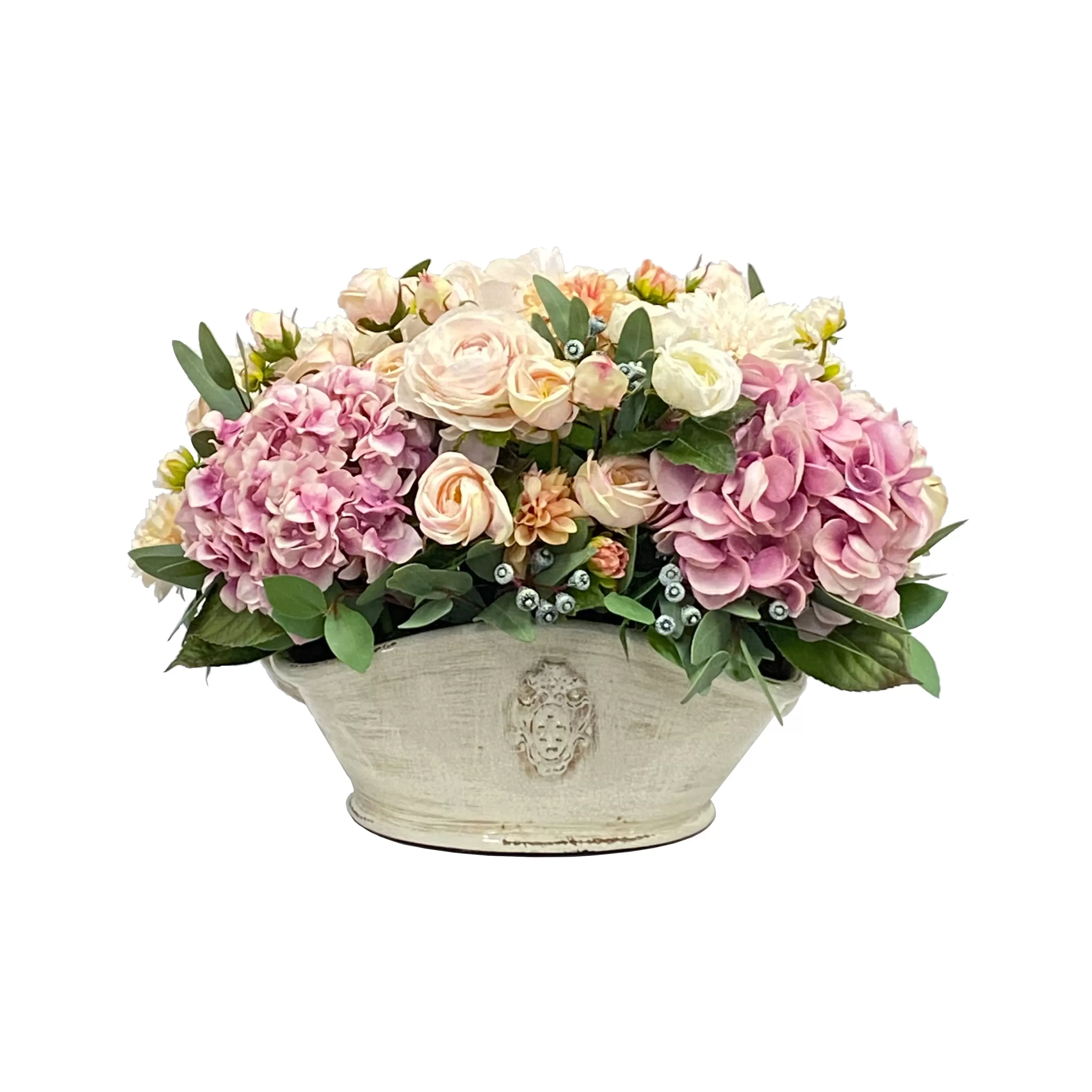 Discount Hydrangea Dahlia Rose in Basket 22" wide Real Touch Floral Arrangements | Rutherford