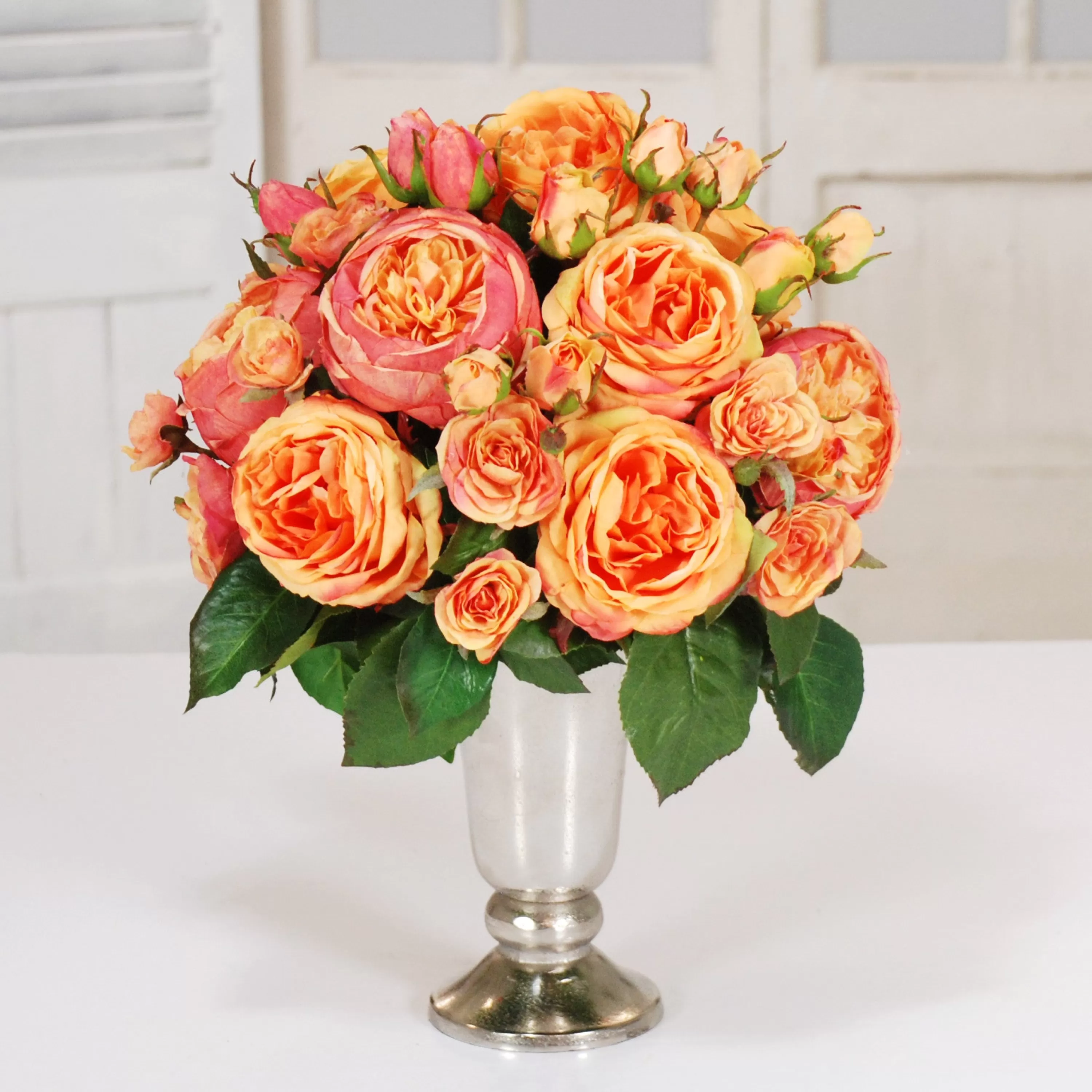 Sale Orange Roses in Silver Trumpet Vase 16" Tabletop