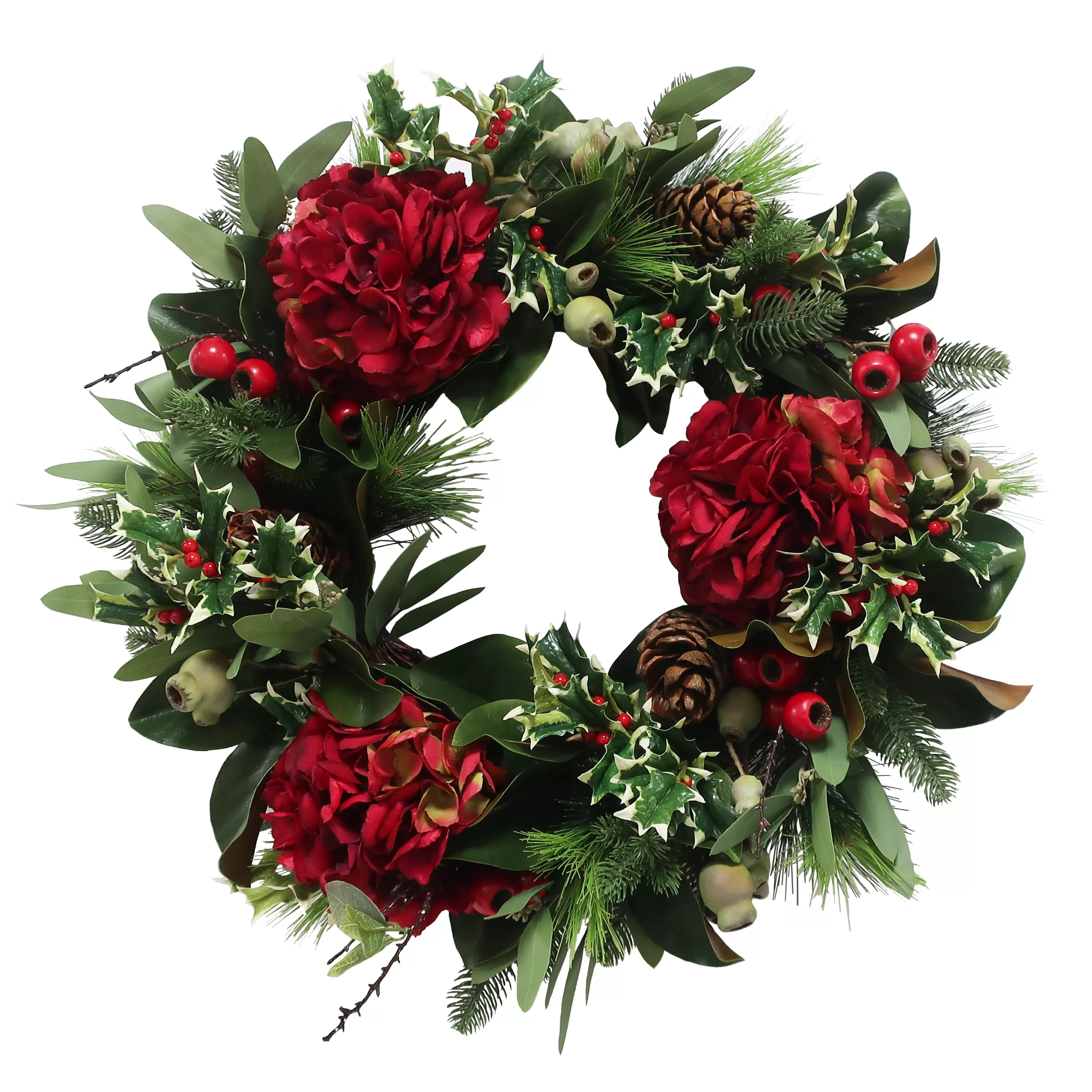 Hot Red Hydrangea Holiday Wreath 24" Wreaths & Garlands | Wreaths & Garlands