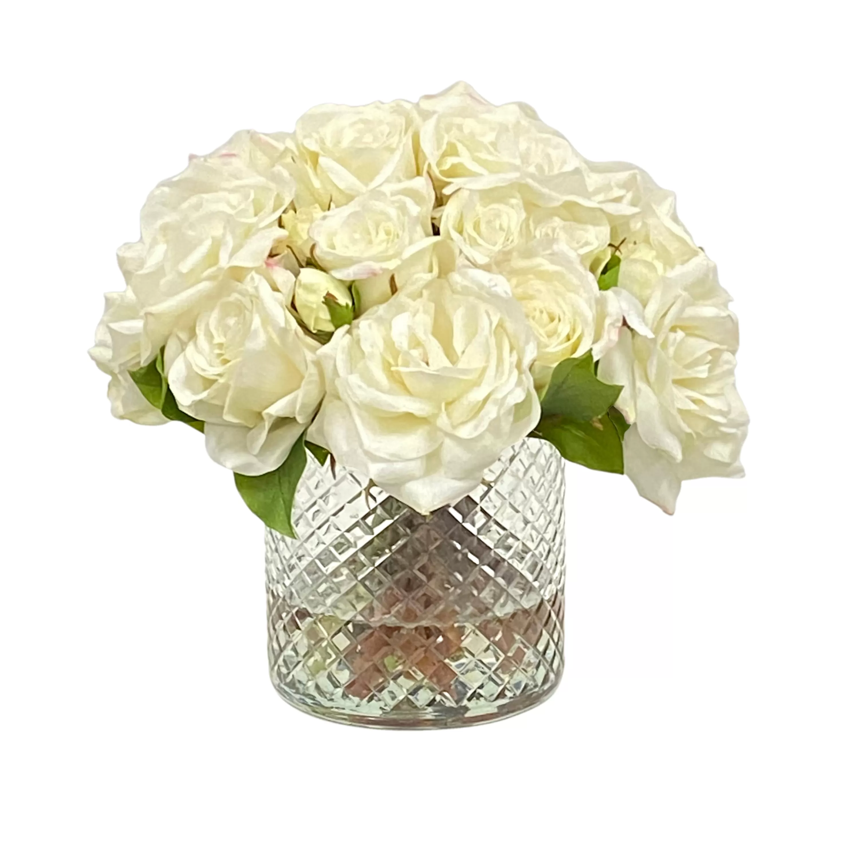 Flash Sale White Roses in Diamond Cut Vase 12" Real Touch Floral Arrangements | Highland Park